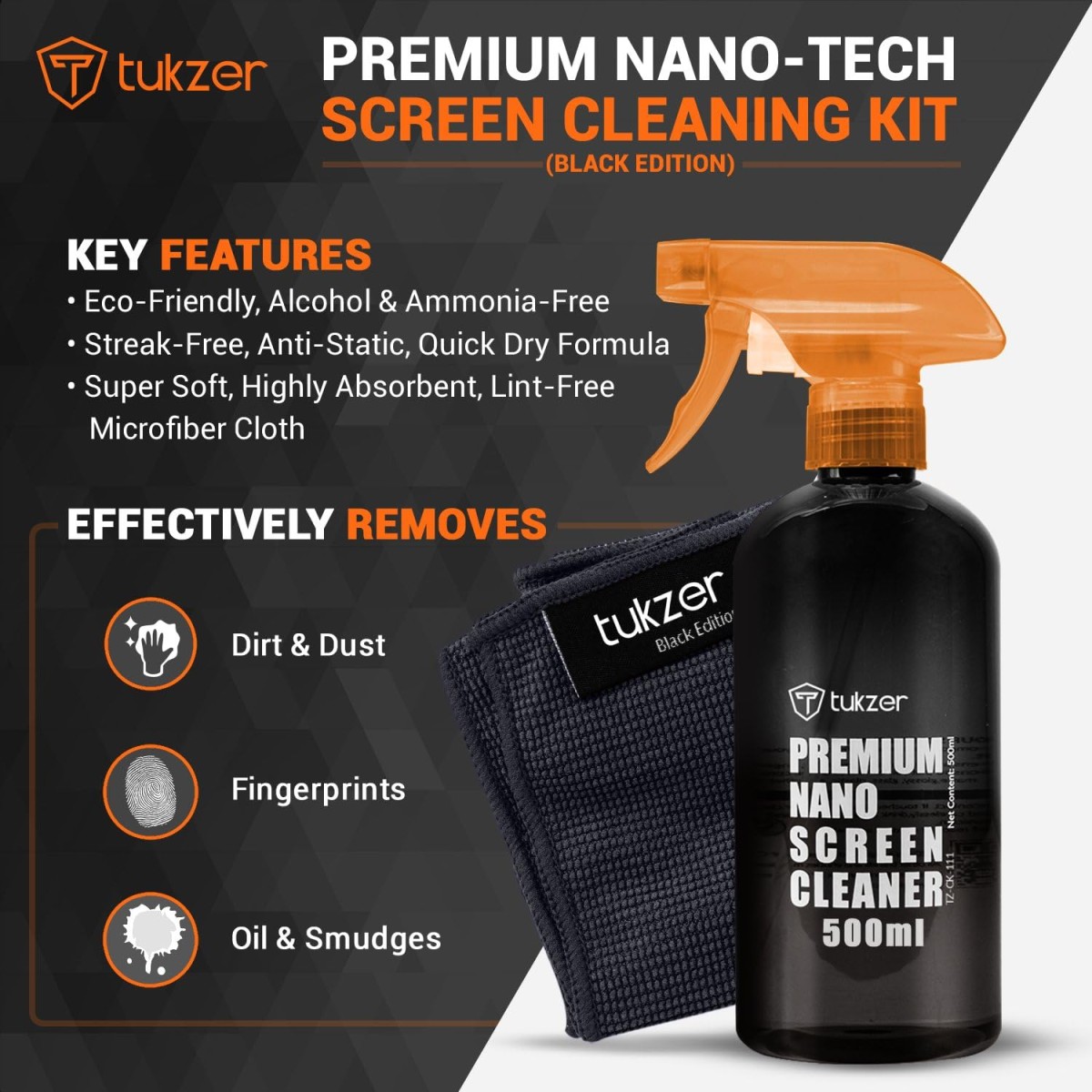 Tukzer 2-in-1 Professional Screen Cleaning Kit (500ML) for Camera, Lens, Binocular, Laptop, TV, Monitor, Smartphone, Tablet (Includes: Anti-Static Cleaning Liquid 500ml, Plush Microfiber Cloth)