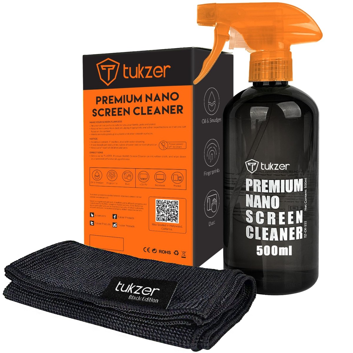 Tukzer 2-in-1 Professional Screen Cleaning Kit (500ML) for Camera, Lens, Binocular, Laptop, TV, Monitor, Smartphone, Tablet (Includes: Anti-Static Cleaning Liquid 500ml, Plush Microfiber Cloth)