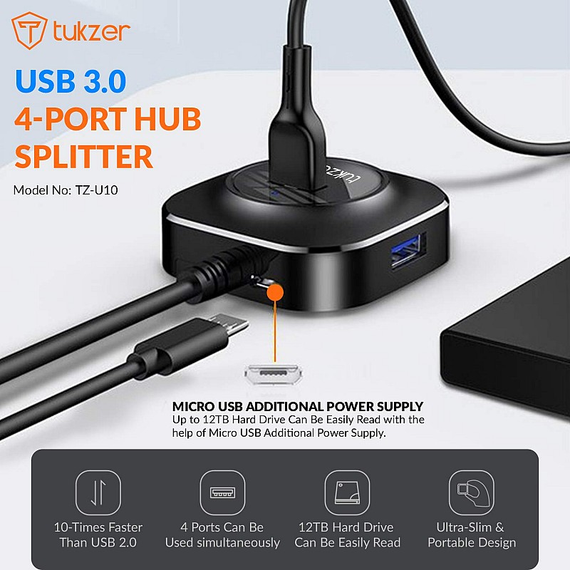 Tukzer 4-Port USB Hub 3.0 (TZ-U10) Superspeed Data Hub High Speed (Black)