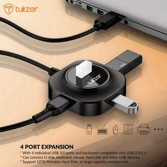 Tukzer 4-Port USB Hub 3.0 (TZ-U10) Superspeed Data Hub High Speed (Black)