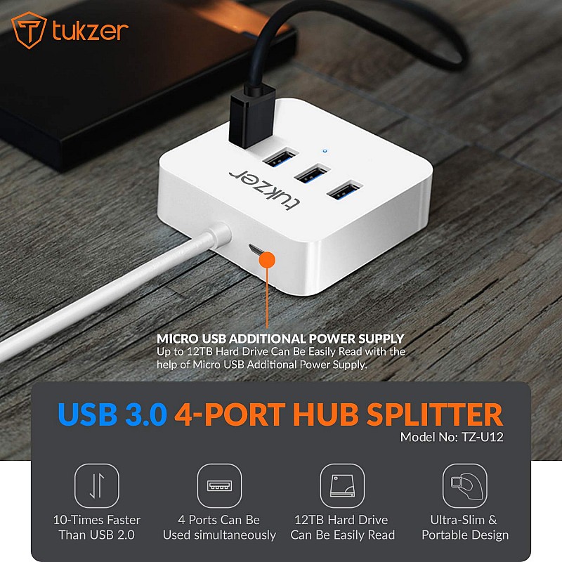 Tukzer 4-Port USB Hub 3.0 (TZ-U12) Superspeed Data Hub High Speed Compatible for All Laptops