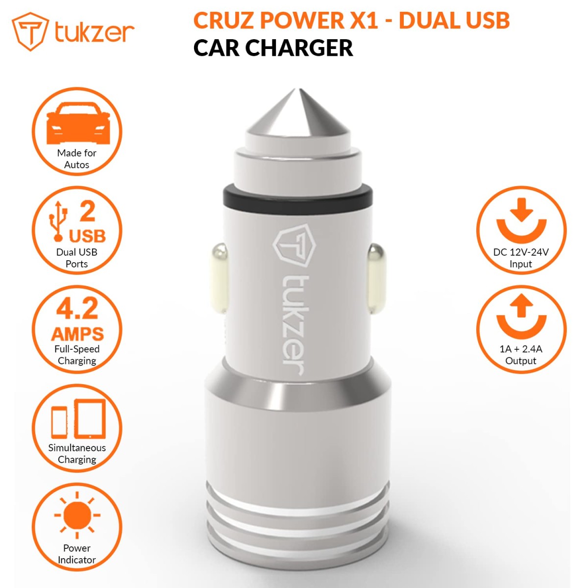 Tukzer 4.8 Amp Universal Car Mobile Charger| Dual USB Port 2.4A + 2.4A Fast Charging| DC12V-24V Cigarette Lighter Adapter| Emergency Glass Breaker Steel Tip| for All Smart Phones and Tablets (Silver)