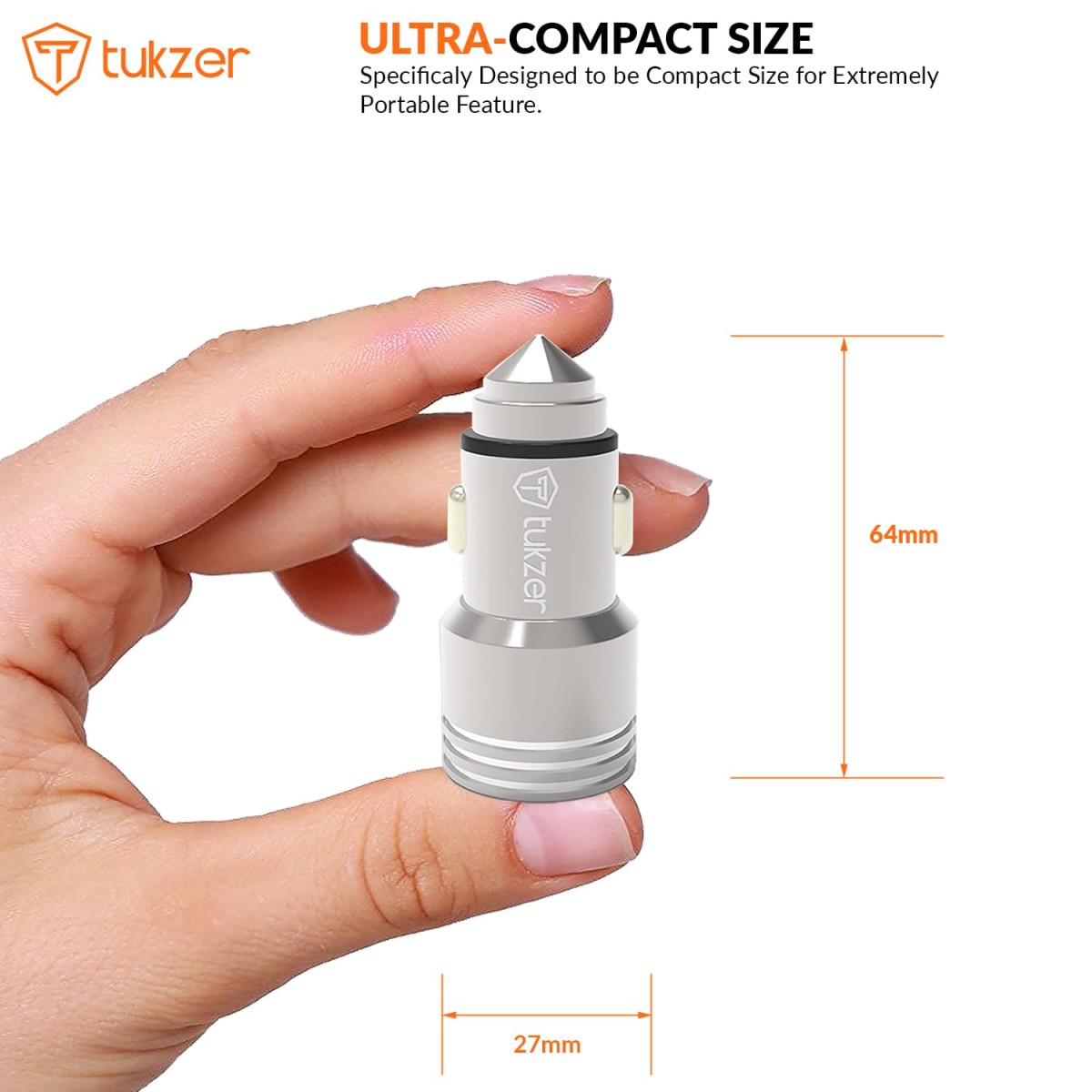 Tukzer 4.8 Amp Universal Car Mobile Charger| Dual USB Port 2.4A + 2.4A Fast Charging| DC12V-24V Cigarette Lighter Adapter| Emergency Glass Breaker Steel Tip| for All Smart Phones and Tablets (Silver)