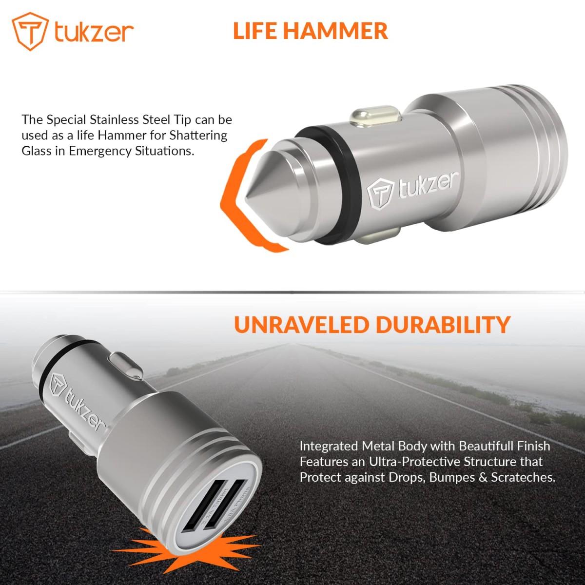 Tukzer 4.8 Amp Universal Car Mobile Charger| Dual USB Port 2.4A + 2.4A Fast Charging| DC12V-24V Cigarette Lighter Adapter| Emergency Glass Breaker Steel Tip| for All Smart Phones and Tablets (Silver)