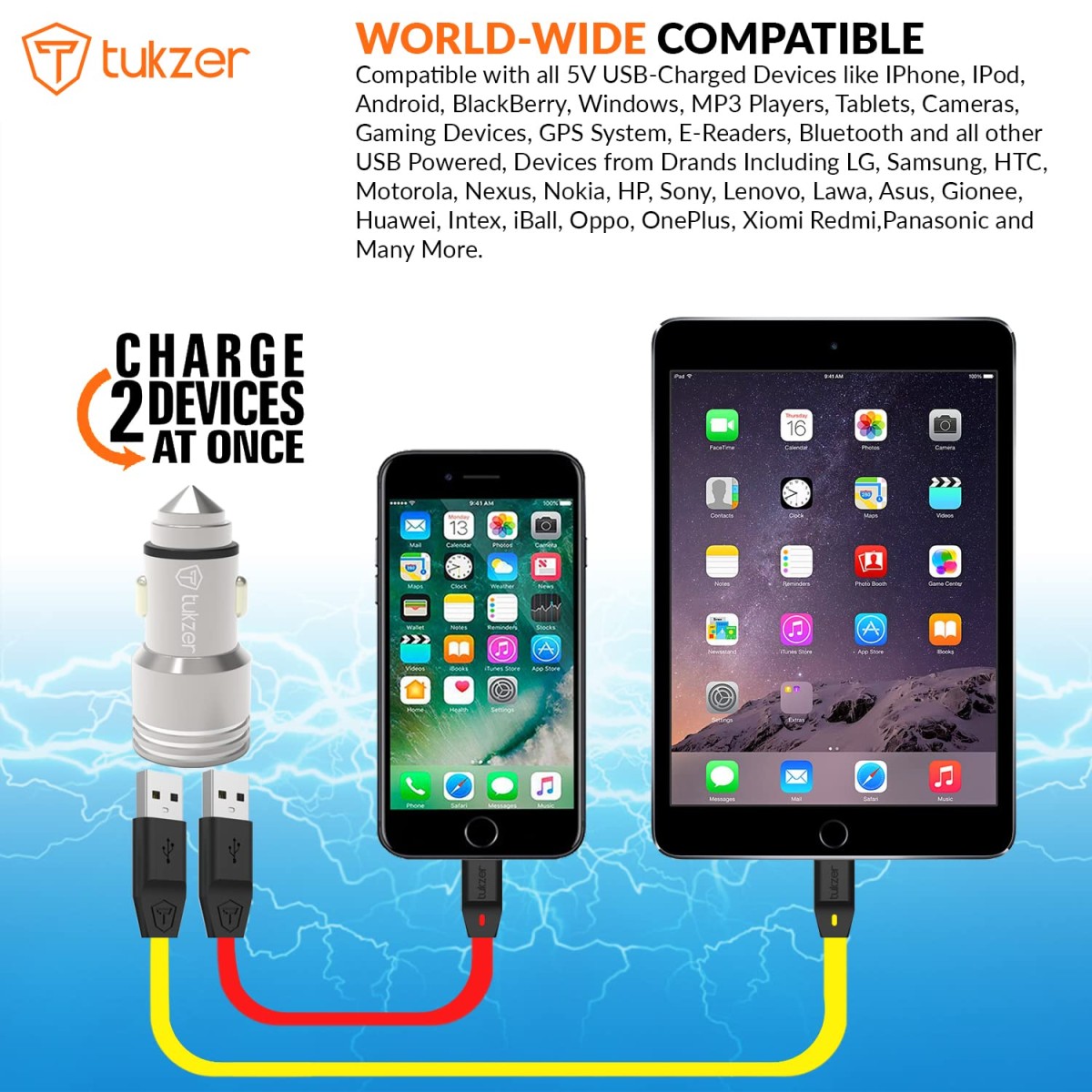 Tukzer 4.8 Amp Universal Car Mobile Charger| Dual USB Port 2.4A + 2.4A Fast Charging| DC12V-24V Cigarette Lighter Adapter| Emergency Glass Breaker Steel Tip| for All Smart Phones and Tablets (Silver)