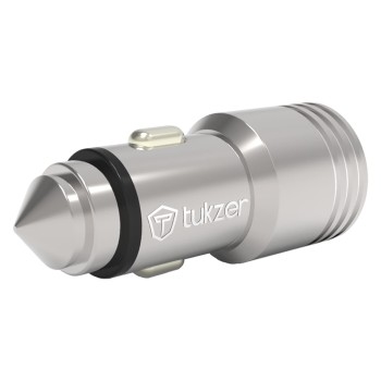 Tukzer 4.8 Amp Universal Car Mobile Charger| Dual USB Port 2.4A + 2.4A Fast Charging| DC12V-24V Cigarette Lighter Adapter| Emergency Glass Breaker Steel Tip| for All Smart Phones and Tablets (Silver)