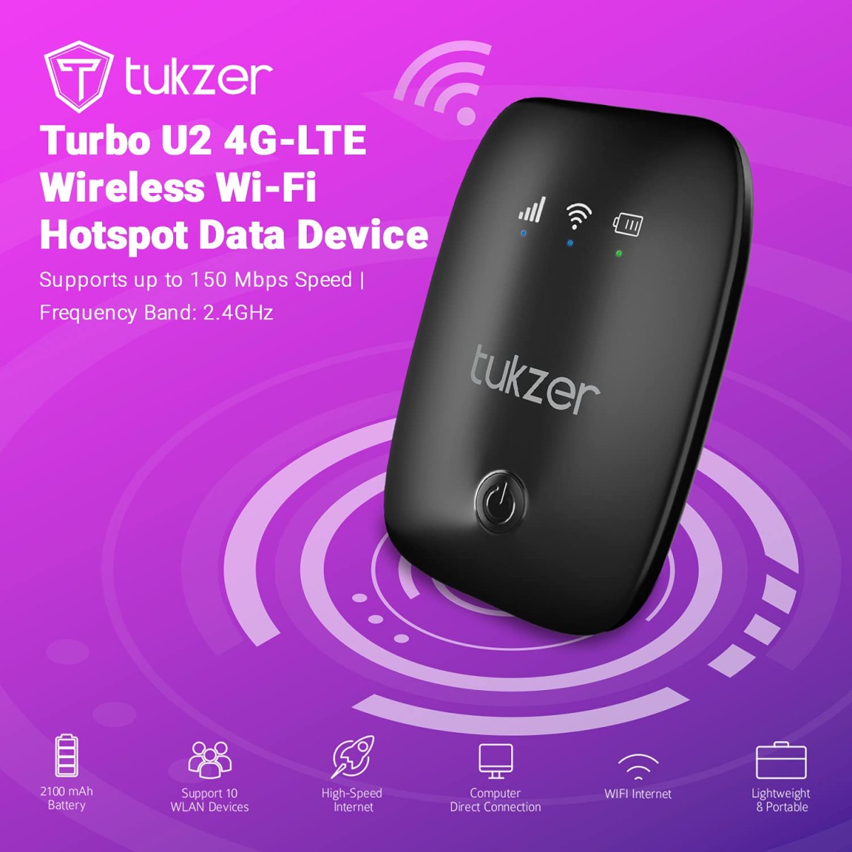 Tukzer 4G LTE Wireless Dongle with All SIM Network Support | Plug & Play Data Card Stick with up to 150Mbps WiFi Hotspot | 2100mAh Rechargeable Battery| SIM Adapter Included, Single_Band (Black)