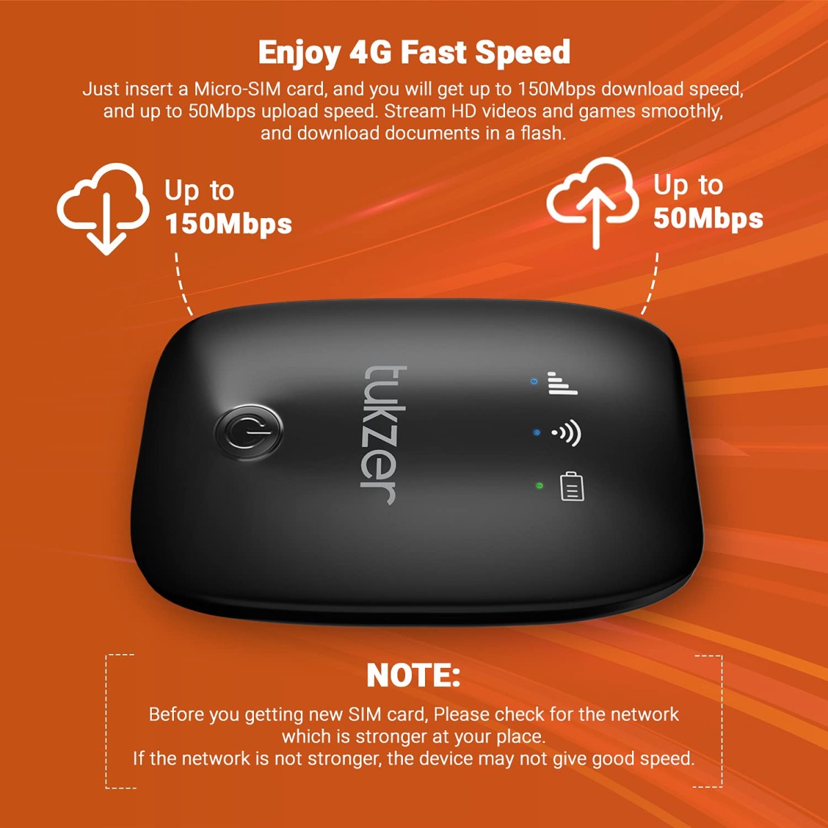 Tukzer 4G LTE Wireless Dongle with All SIM Network Support | Plug & Play Data Card Stick with up to 150Mbps WiFi Hotspot | 2100mAh Rechargeable Battery| SIM Adapter Included, Single_Band (Black)