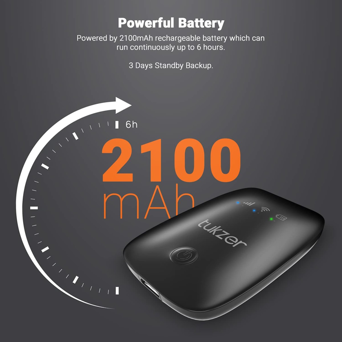 Tukzer 4G LTE Wireless Dongle with All SIM Network Support | Plug & Play Data Card Stick with up to 150Mbps WiFi Hotspot | 2100mAh Rechargeable Battery| SIM Adapter Included, Single_Band (Black)