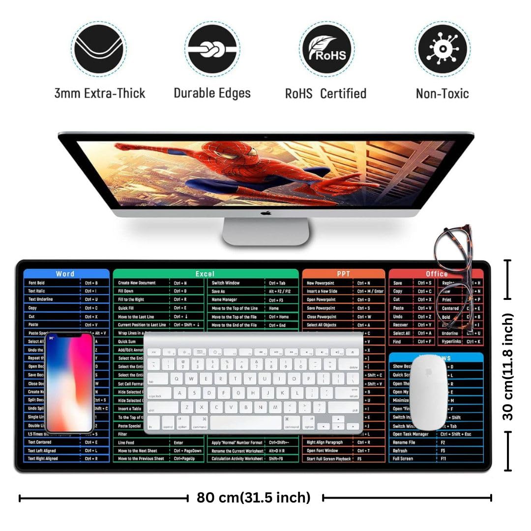 Tukzer Extended Gaming Mouse Pad with Windows & Office Excel Shortcuts Key, High Speed Mouse Tracking & Control, Stitched Embroidery Edges