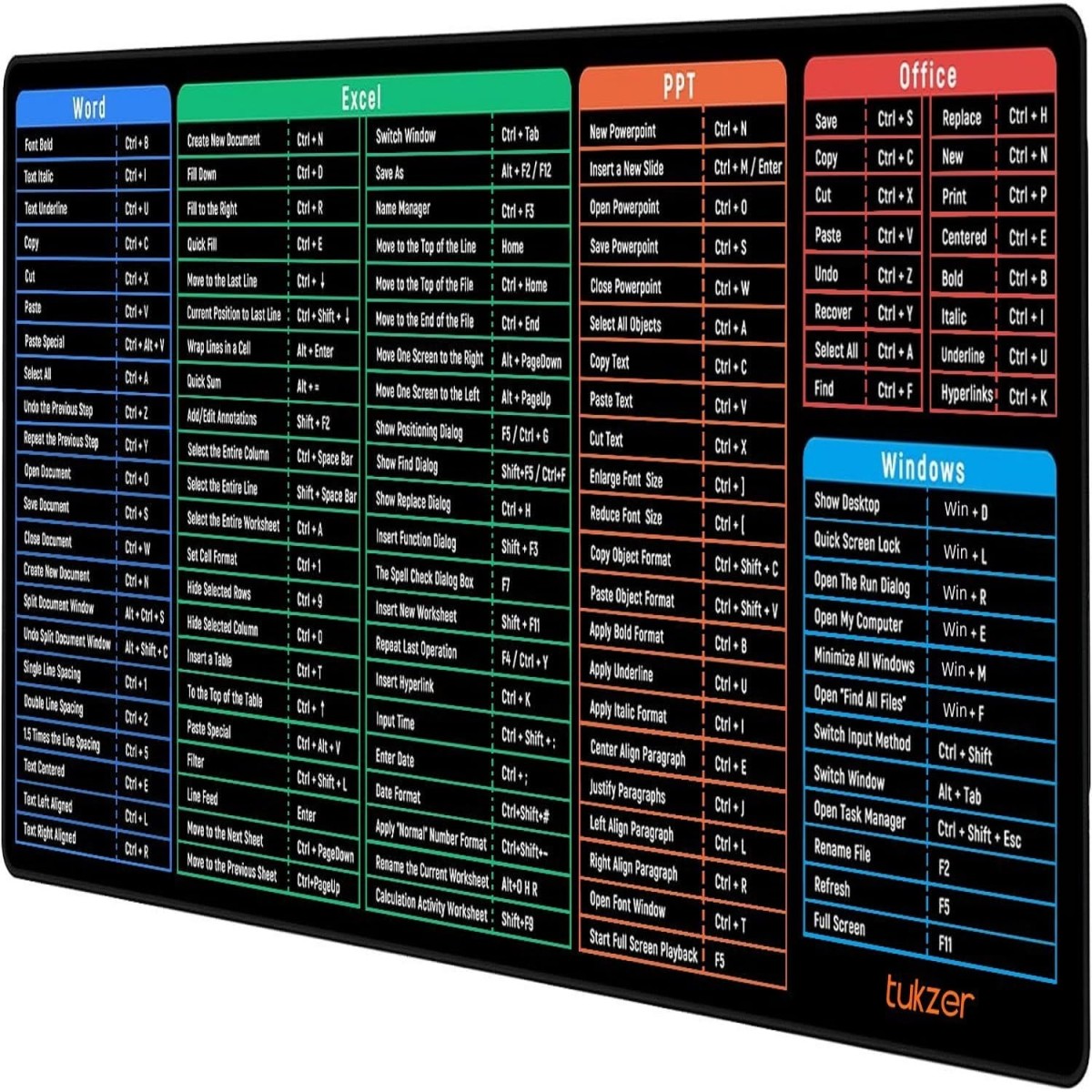 Tukzer Extended Gaming Mouse Pad with Windows & Office Excel Shortcuts Key, High Speed Mouse Tracking & Control, Stitched Embroidery Edges