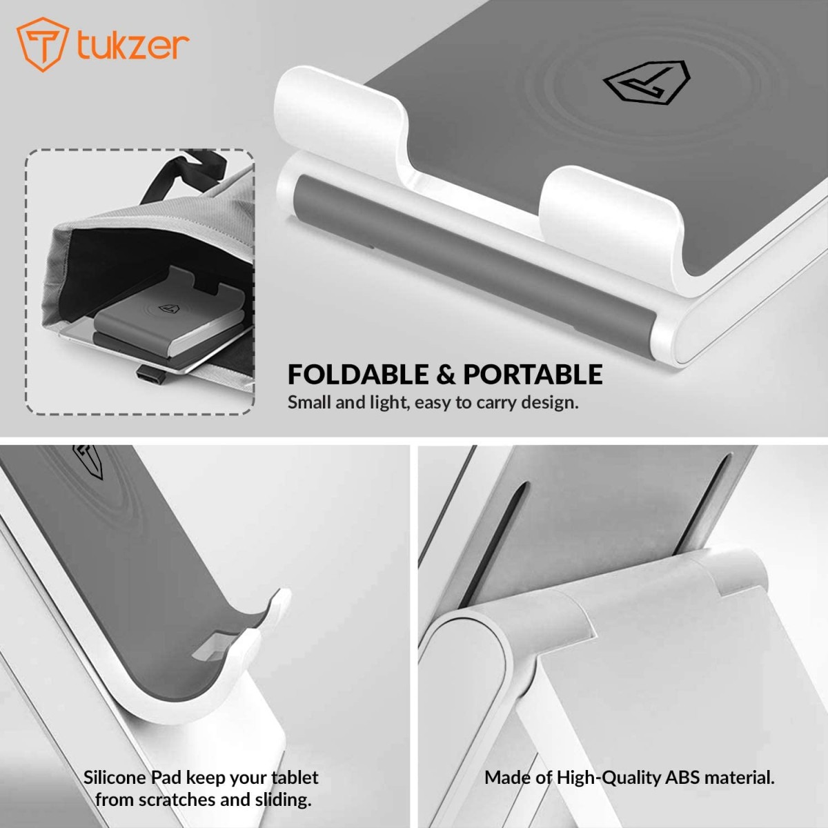 Tukzer Foldable Tablet & Mobile Stand Holder with Telescopic Height & Multi-Angle Adjustment| Anti-Slip Silicone Surface, Charging Slot| For Up to 12 Inch Screen iPad Tab, Smartphones, Kindle (Silver)