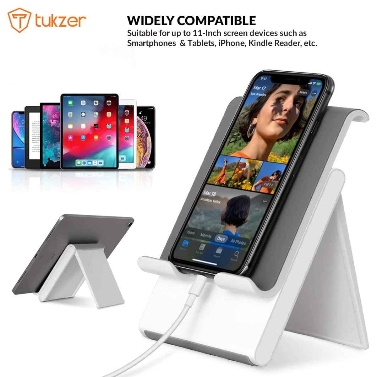 Tukzer Foldable Tablet & Mobile Stand Holder with Telescopic Height & Multi-Angle Adjustment| Anti-Slip Silicone Surface, Charging Slot| For Up to 12 Inch Screen iPad Tab, Smartphones, Kindle (Silver)
