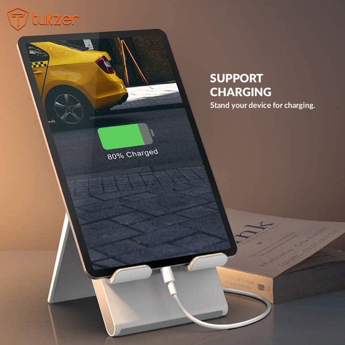 Tukzer Foldable Tablet & Mobile Stand Holder with Telescopic Height & Multi-Angle Adjustment| Anti-Slip Silicone Surface, Charging Slot| For Up to 12 Inch Screen iPad Tab, Smartphones, Kindle (Silver)