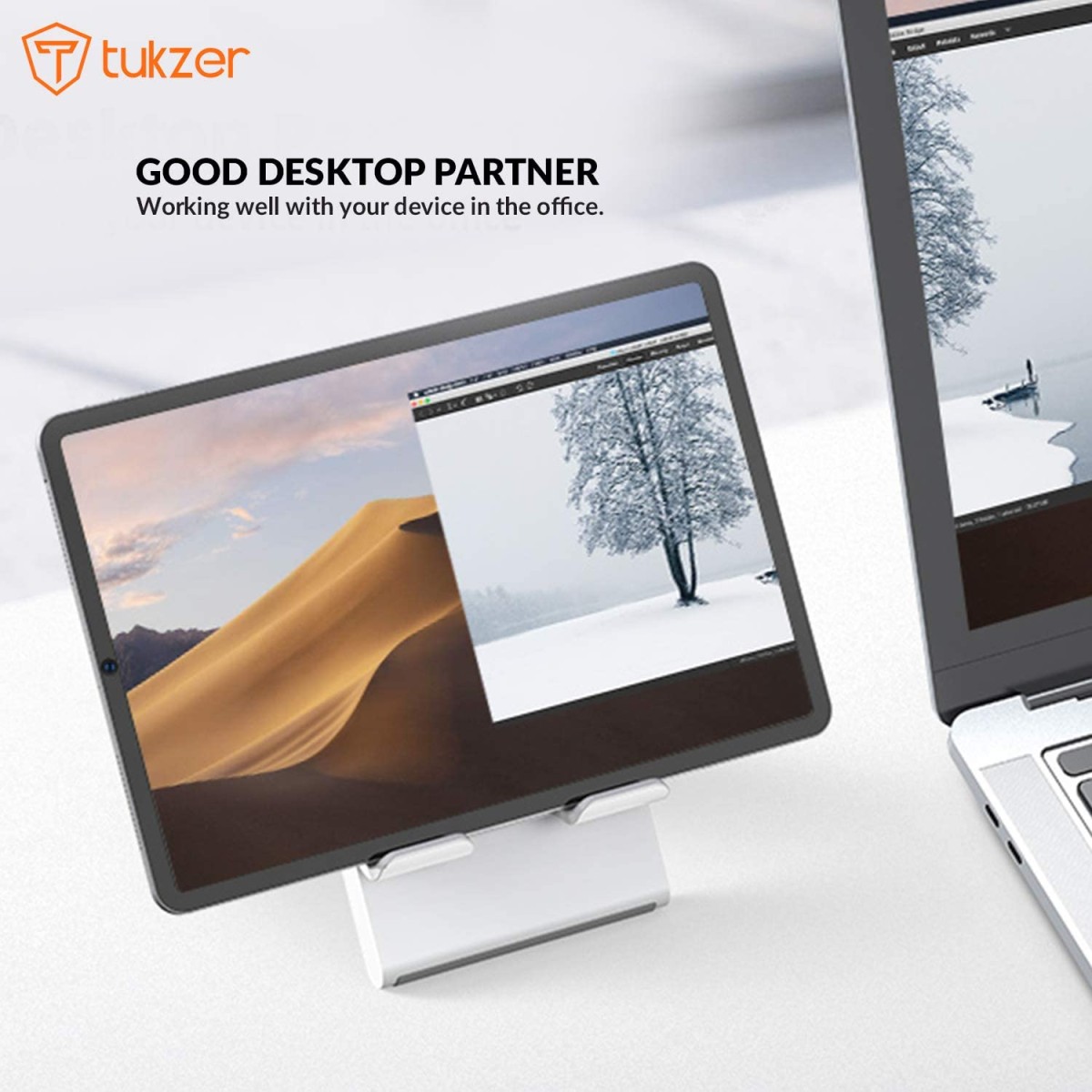 Tukzer Foldable Tablet & Mobile Stand Holder with Telescopic Height & Multi-Angle Adjustment| Anti-Slip Silicone Surface, Charging Slot| For Up to 12 Inch Screen iPad Tab, Smartphones, Kindle (Silver)