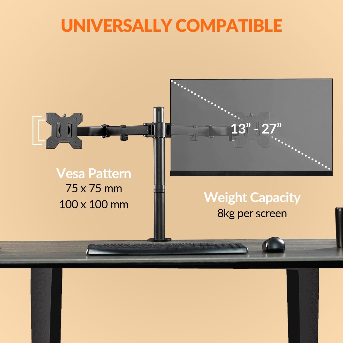 Tukzer Heavy Duty Dual LCD Monitor Desk Mount Stand with C-Clamp for 13 to 27-Inch Screen| Height Adjustable Arm Mount, Swivel & Tilt Support, Articulating Stand with Universal Vesa Plates (Black)