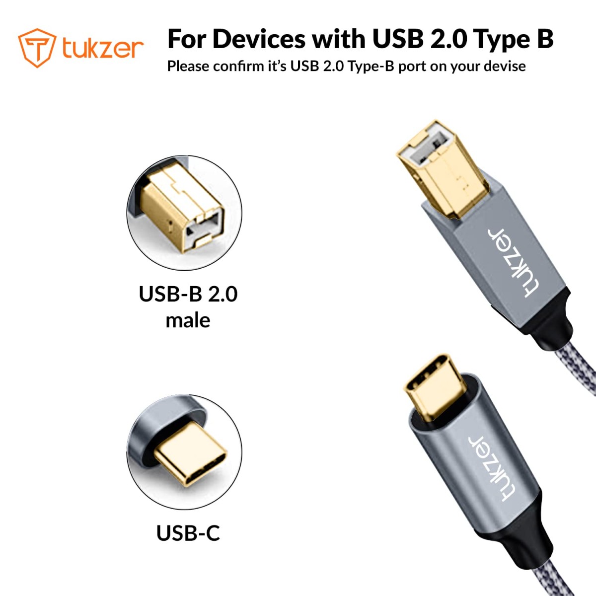 Tukzer High Speed USB Type C to USB B 2.0 Printer Cable Cord| Nylon Braided Fiber Jacket, Gold Plated Connectors| Compatible with MacBook (Black)