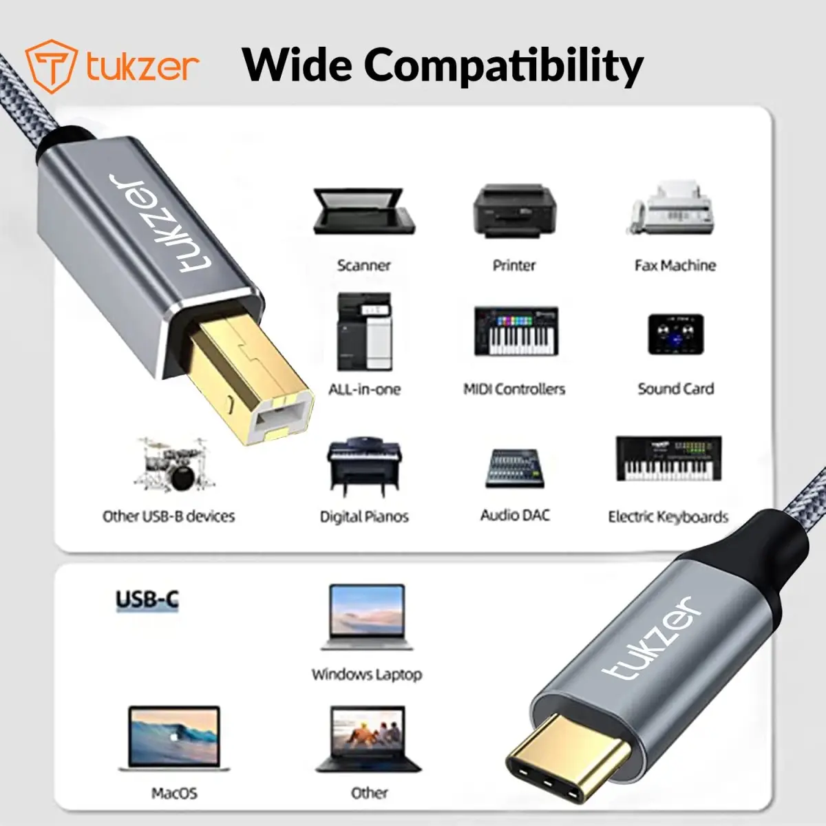 Tukzer High Speed USB Type C to USB B 2.0 Printer Cable Cord| Nylon Braided Fiber Jacket, Gold Plated Connectors| Compatible with MacBook (Black)