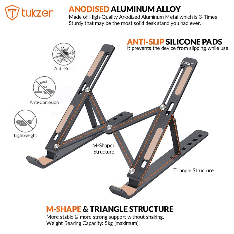 Tukzer Imported Laptop Stand Notebook Riser 6 Level Height Angle Adjustment 2X Stronger M-Shape Aluminum Laptop Tabel Stand