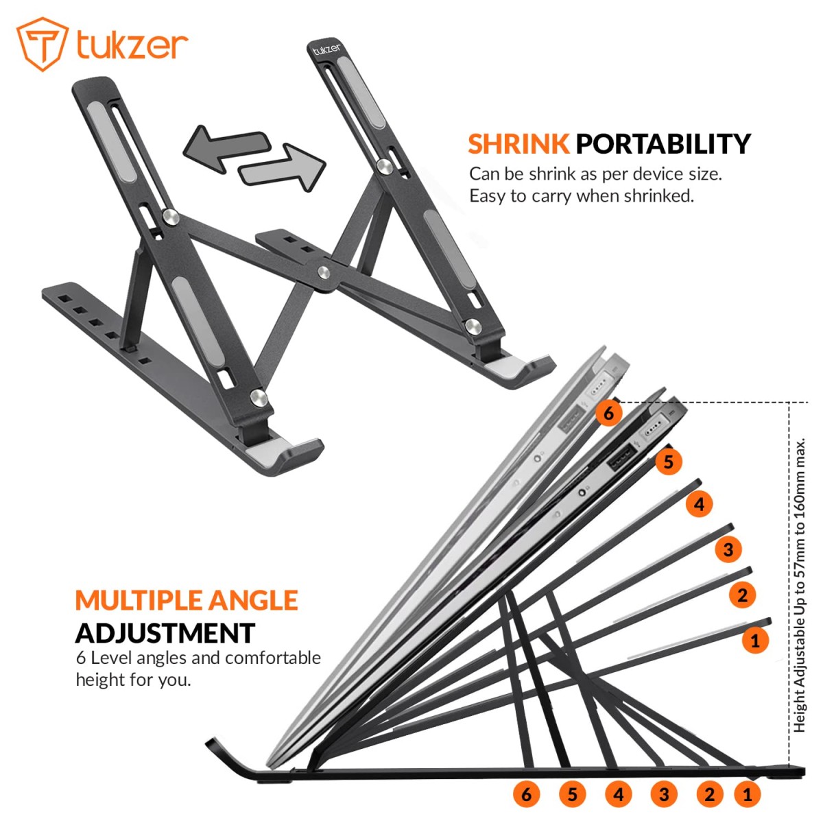 Tukzer Imported Laptop Stand Notebook Riser 6 Level Height Angle Adjustment 2X Stronger M-Shape Aluminum Laptop Tabel Stand