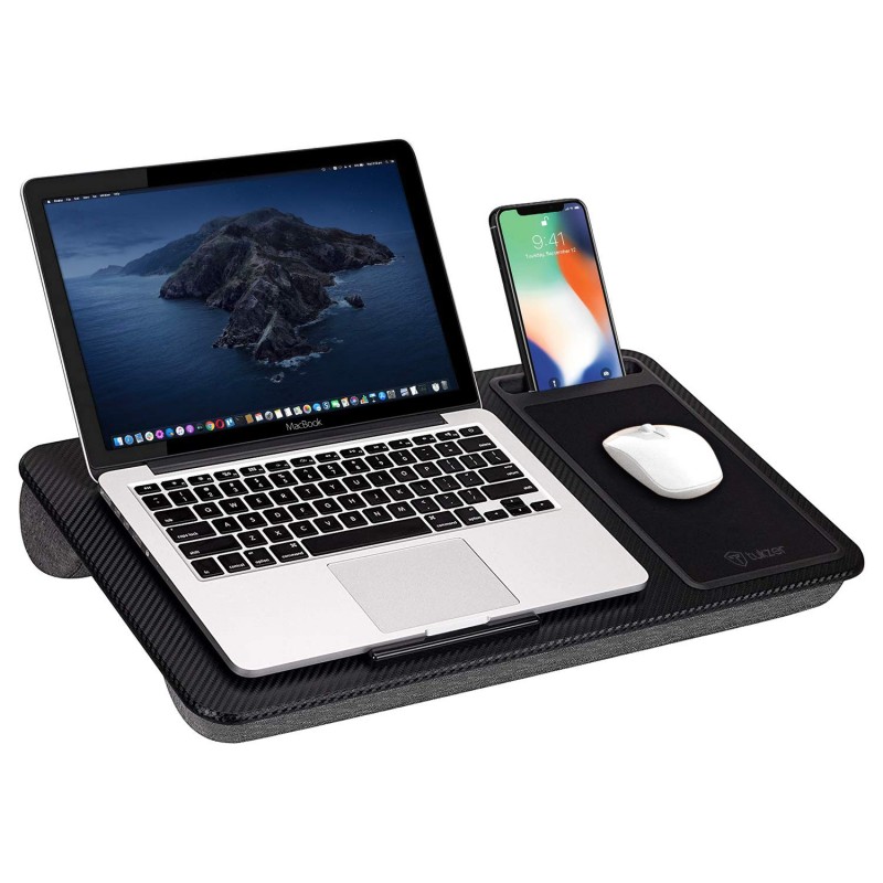 Tukzer Lap Desk Fits up to 17-Inch Laptop Angled Pillow Cushion with Built-in Mouse Pad Phone Holder Carbon Fiber