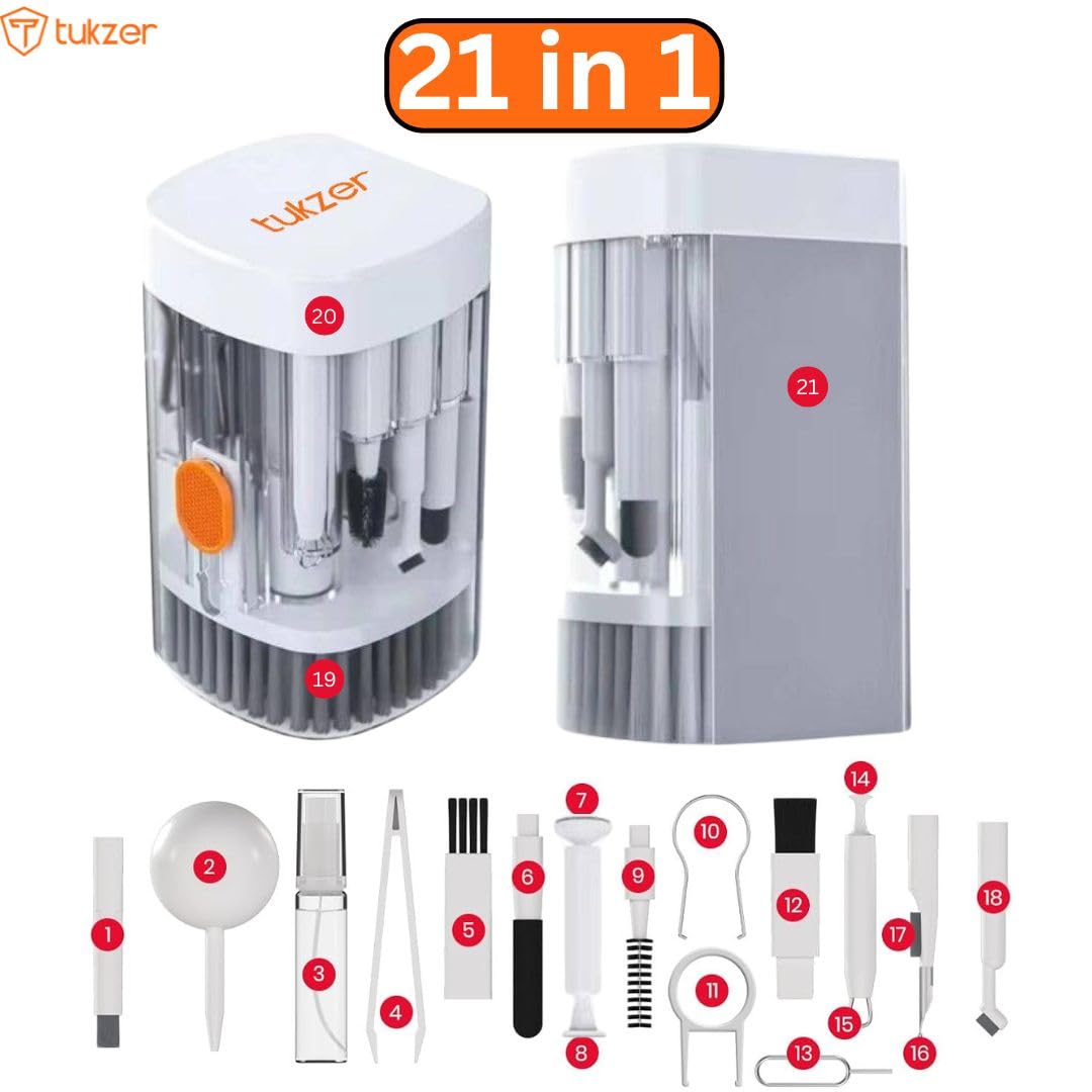 Tukzer Multifunctional 21 in 1 Electronic Gadget Cleaning Kit, Air Blower, 2.5ml Mist Spray, Key Puller, Long Brushes for Smartphones, Laptops, Tablet, MacBook, iPad, Keyboard, DSLR Camera Lens