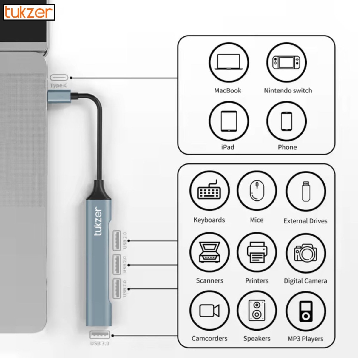Tukzer Multiport Adapter 4-in-1 USB Type C Hub Splitter Extender, 1xUSB 3.0 & 3 x USB 2.0 Ports, 5 Gbps High Speed Data Transfer, Compatible Grey)