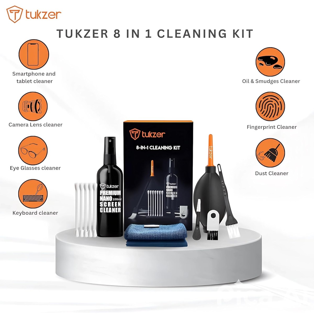 Tukzer Professional 8in1 Cleaning Kit for Laptop Tablet Smartphone Camera Airpod (100mlCleaning Solution AirBlower CottonSwabs Suede Plush