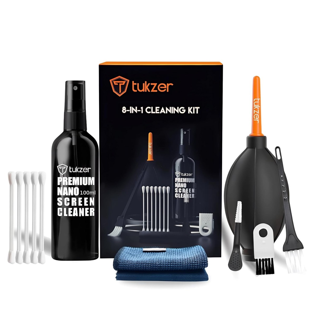 Tukzer Professional 8in1 Cleaning Kit for Laptop Tablet Smartphone Camera Airpod (100mlCleaning Solution AirBlower CottonSwabs Suede Plush