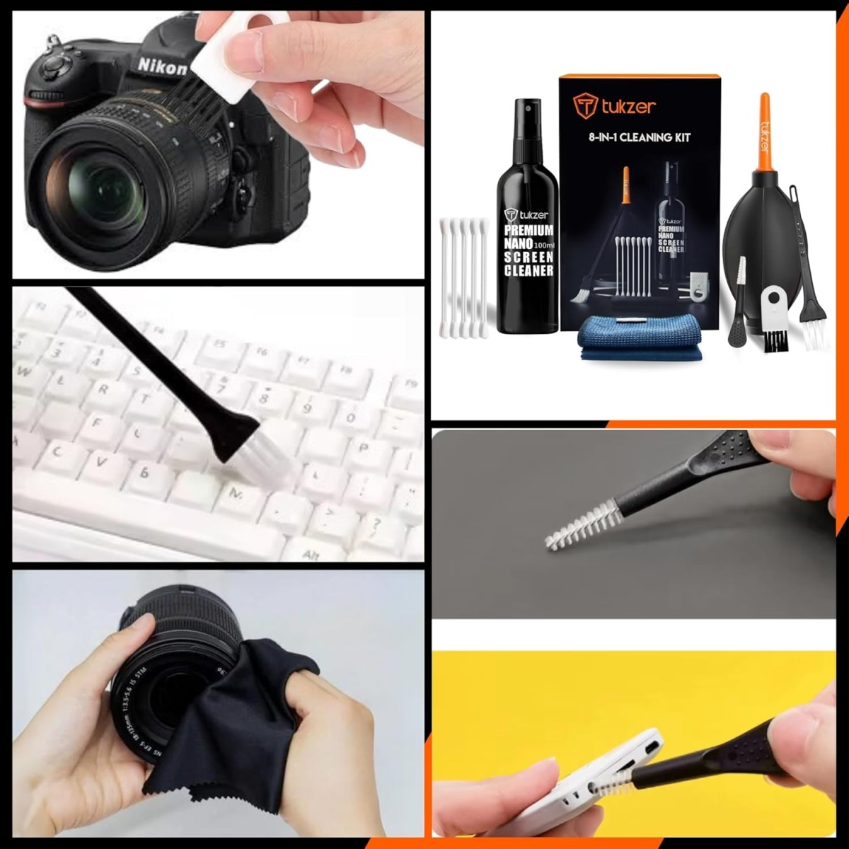 Tukzer Professional 8in1 Cleaning Kit for Laptop Tablet Smartphone Camera Airpod (100mlCleaning Solution AirBlower CottonSwabs Suede Plush