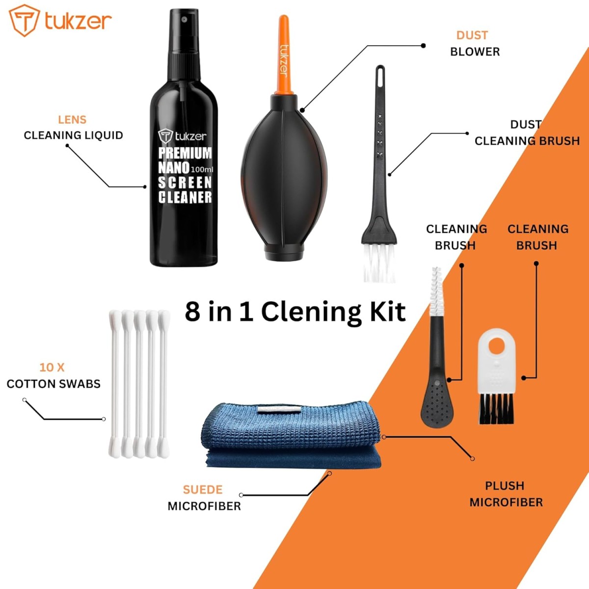Tukzer Professional 8in1 Cleaning Kit for Laptop Tablet Smartphone Camera Airpod (100mlCleaning Solution AirBlower CottonSwabs Suede Plush