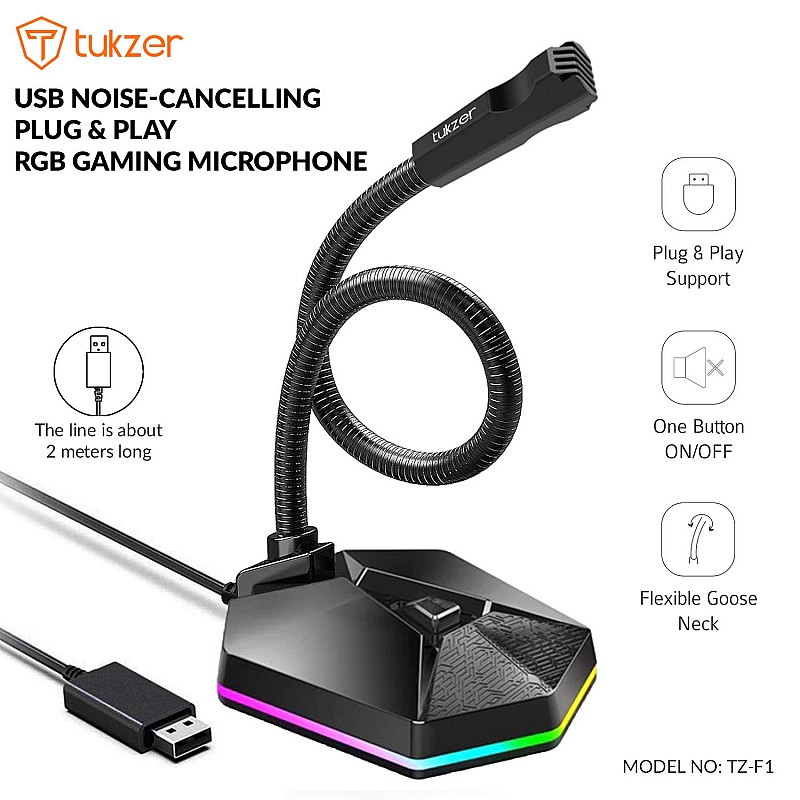 Tukzer USB Computer Microphone, RGB Mic, Omnidirectional Condenser Noise-Cancelling with On-Off Button, Plug & Play Desktop Laptop Mic (Black) 