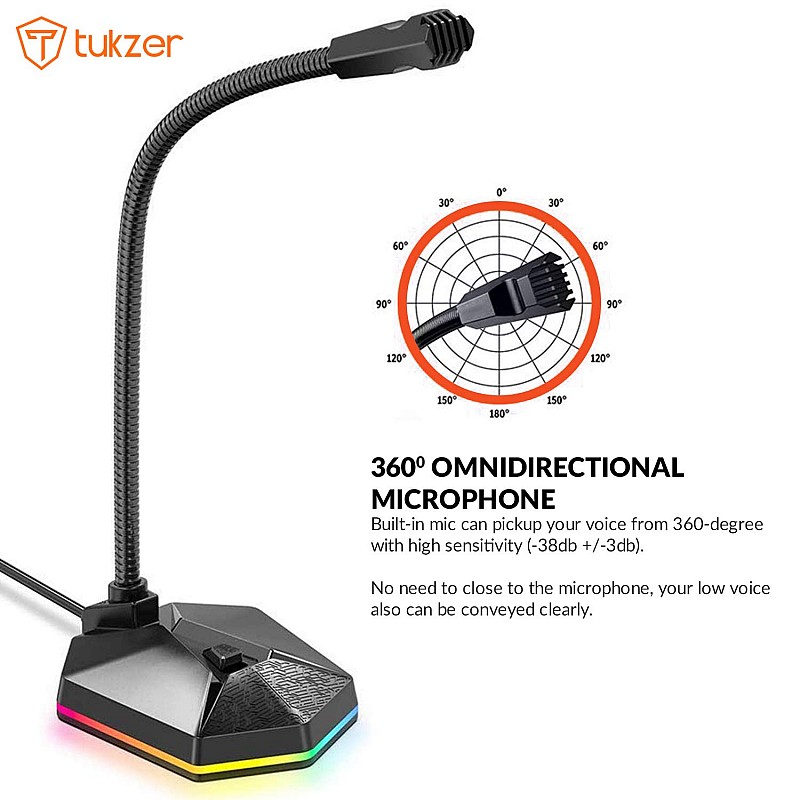 Tukzer USB Computer Microphone, RGB Mic, Omnidirectional Condenser Noise-Cancelling with On-Off Button, Plug & Play Desktop Laptop Mic (Black) 