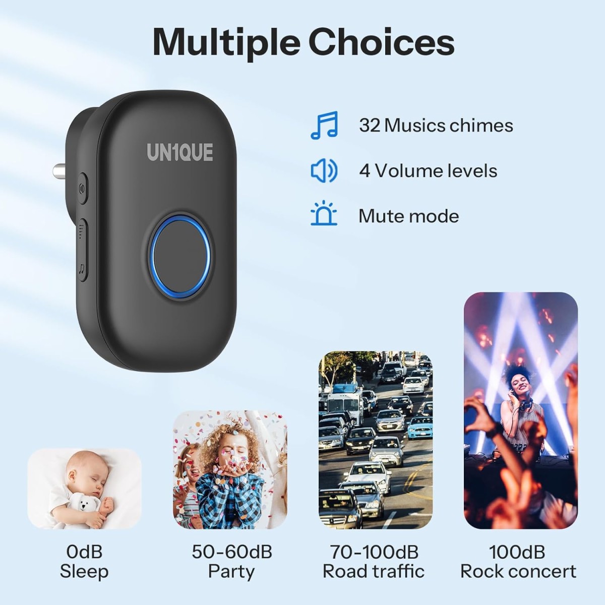 UN1QUE Wireless Door Bell for Home - Small Calling Bell for Office, 1000ft Long Range with 32 Chimes, 100dB Louder Volume, 4 Level Volume, LED Light (U600) (Black 1 Receiver +1 Portable Push Button)