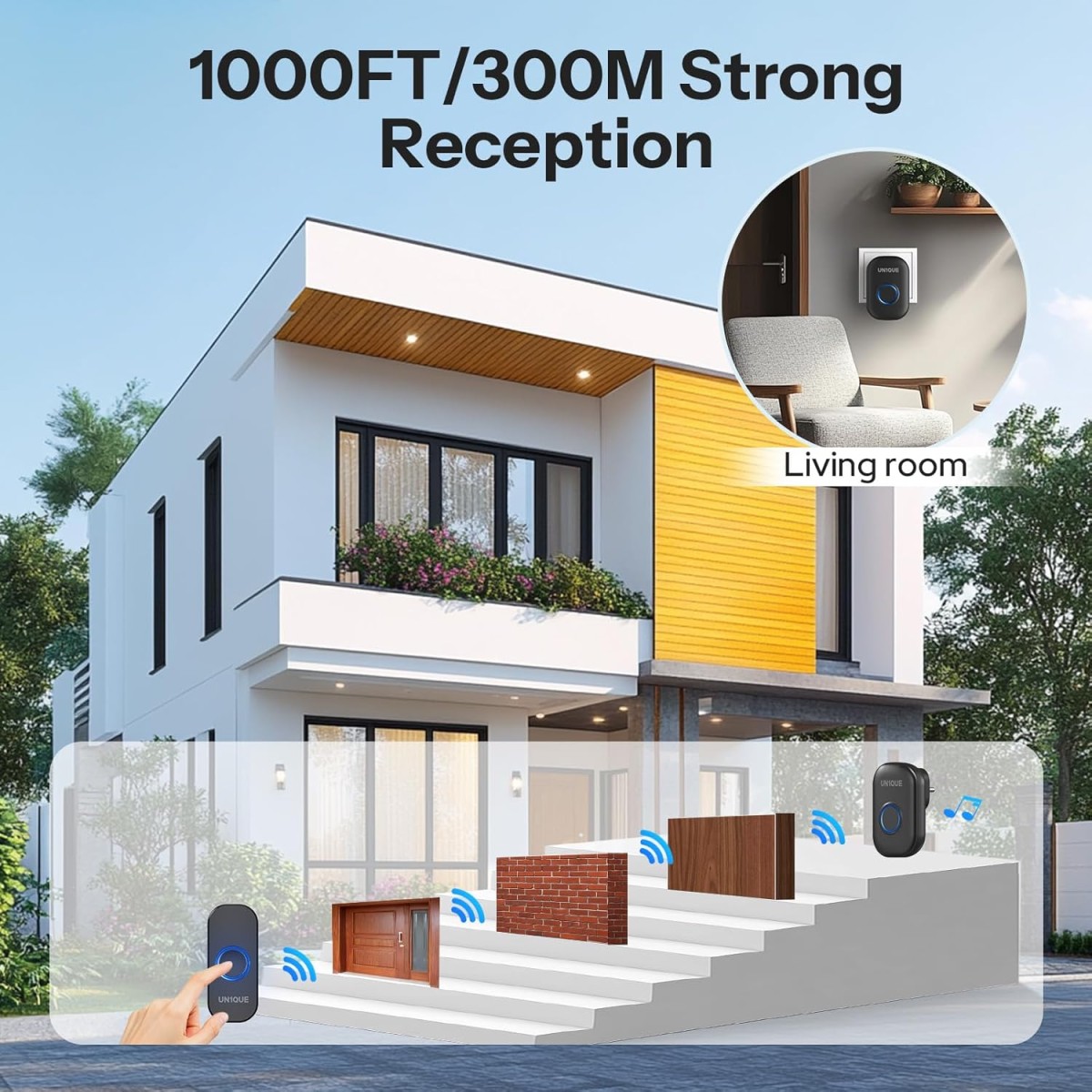 UN1QUE Wireless Door Bell for Home - Small Calling Bell for Office, 1000ft Long Range with 32 Chimes, 100dB Louder Volume, 4 Level Volume, LED Light (U600) (Black 1 Receiver +1 Portable Push Button)