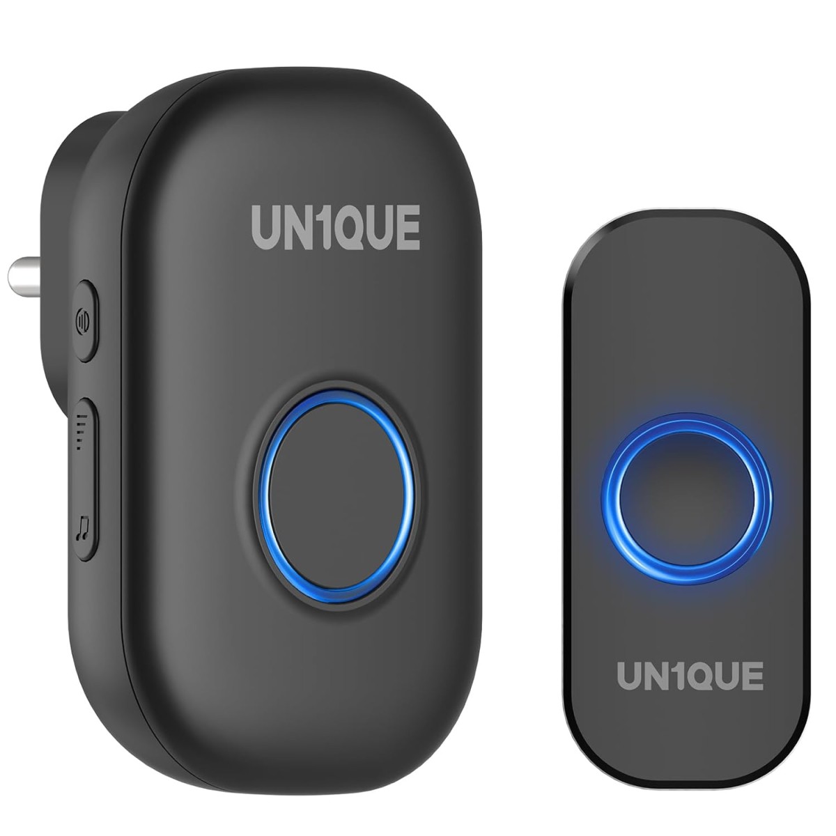UN1QUE Wireless Door Bell for Home - Small Calling Bell for Office, 1000ft Long Range with 32 Chimes, 100dB Louder Volume, 4 Level Volume, LED Light (U600) (Black 1 Receiver +1 Portable Push Button)