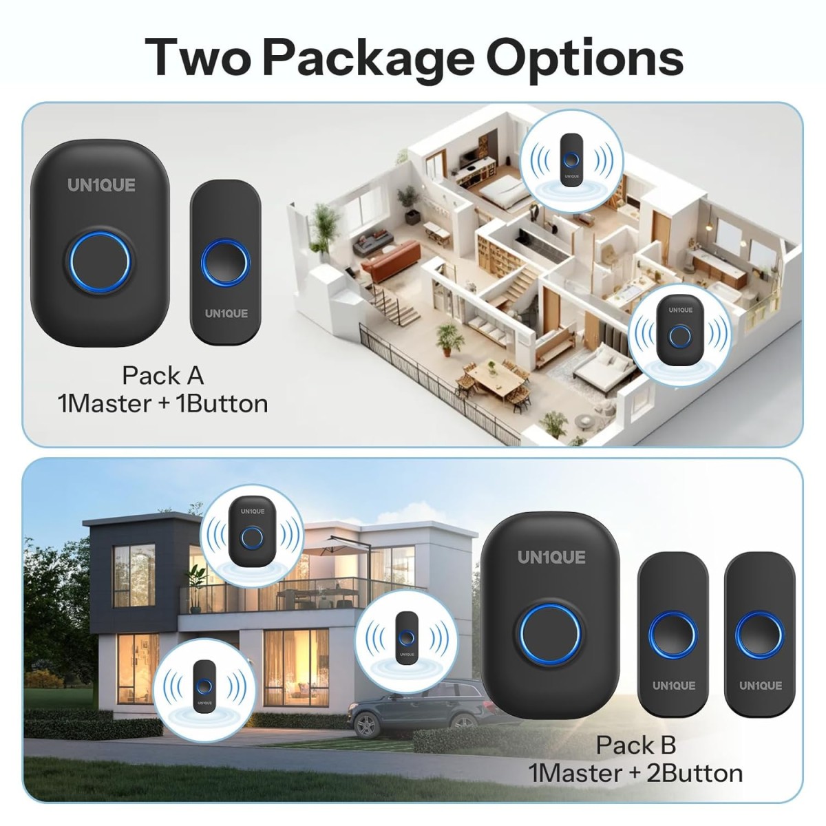 UN1QUE Wireless Door Bell for Home - Small Calling Bell for Office, 1000ft Long Range with 32 Chimes, 100dB Louder Volume, 4 Level Volume, LED Light (U600) (Black 1 Receiver +1 Portable Push Button)