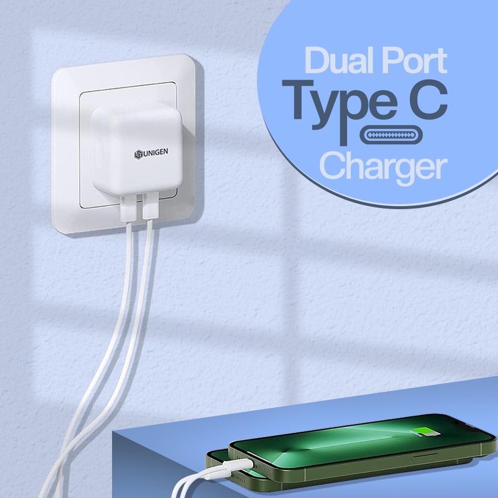 UNIGEN® 35W PD Dual Port USB-C Fast Charger Adapter with Multi-Protection, BIS Certified, Compatible with iPhone 17–11 Series, Samsung