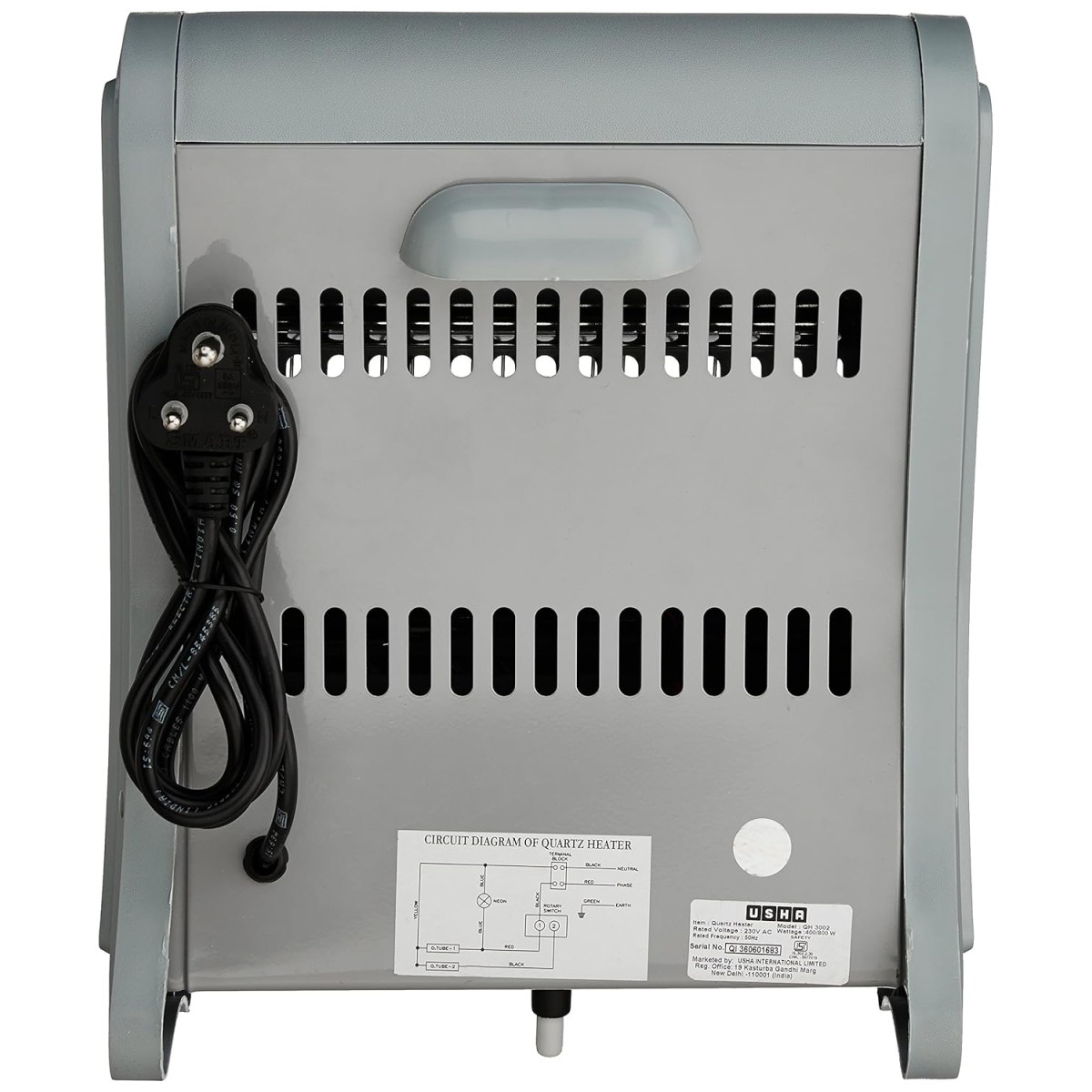 Usha 2 Rod 800 Watt Quartz Heater with Low Power Consumption and Tip Over Protection (4302N, Grey) Usha 2 Rod 800 Watt Quartz Heater with Low Power Consumption and Tip Over Protection (4302N, Grey)