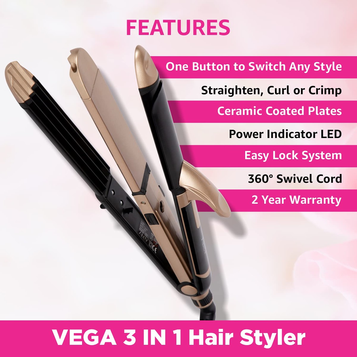 VEGA 3 in 1 Hair Styler, Straightener, Curler And Crimper (VHSCC-01) Black