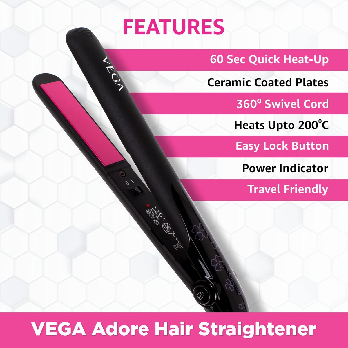 VEGA Adore Hair Straightener with Ceramic Coated Plates & Quick Heat-Up (VHSH-18), Color May Vary, (Made In India)
