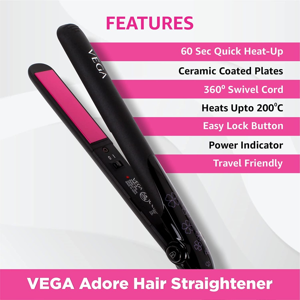 VEGA Adore Hair Straightener with Ceramic Coated Plates & Quick Heat-Up (VHSH-18), Color May Vary, (Made In India)