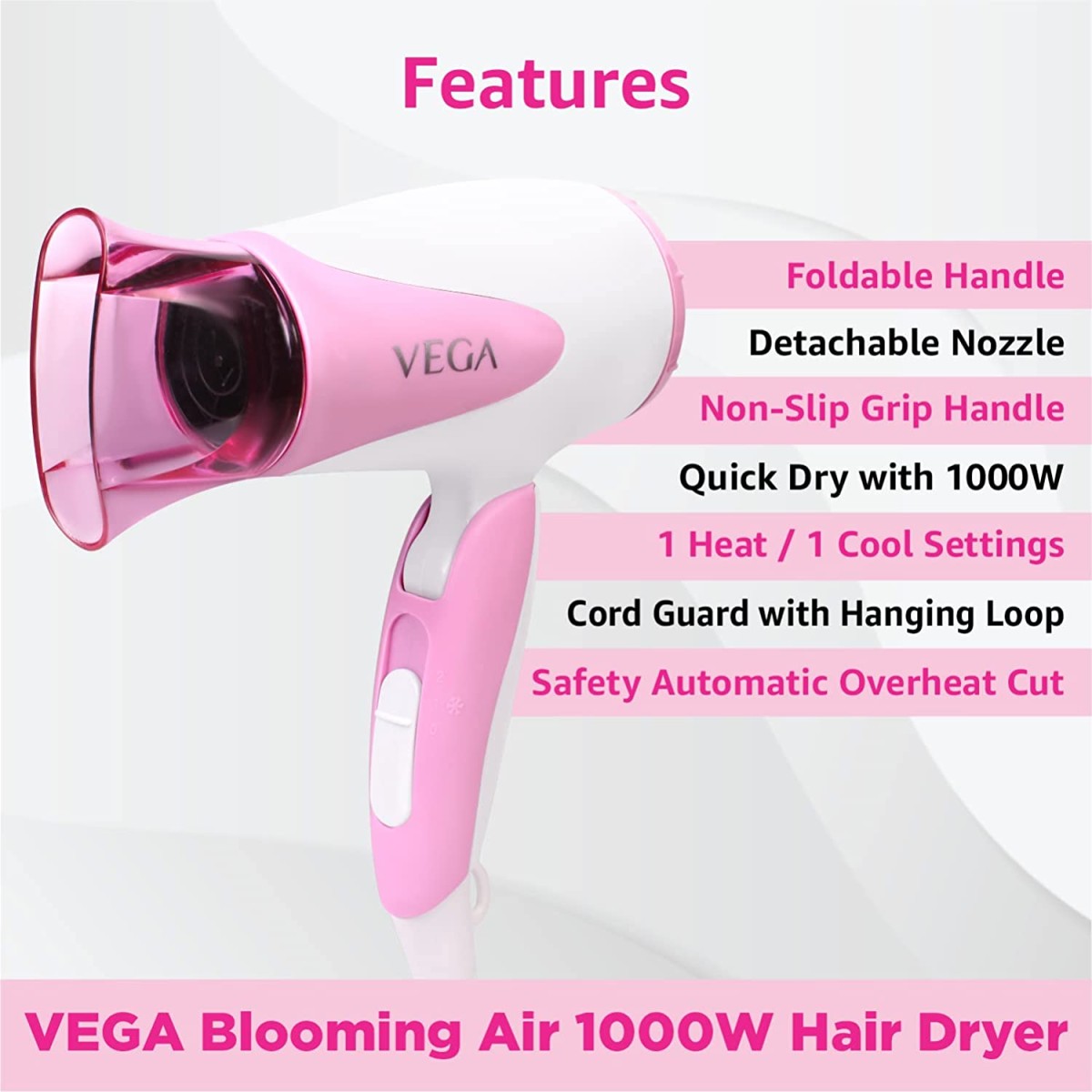 VEGA Blooming Air Foldable 1000 Watts Hair Dryer With Heat and Cool Setting And Detachable Nozzle pink