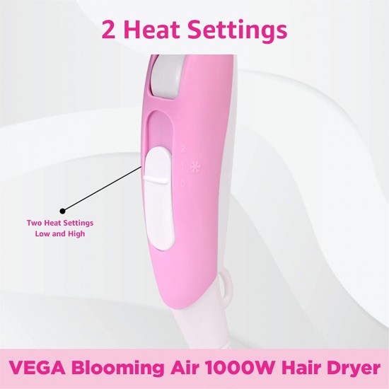 VEGA Blooming Air Foldable 1000 Watts Hair Dryer With Heat  and Cool Setting And Detachable Nozzle pink