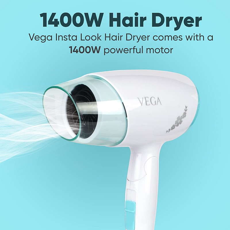 VEGA Insta Look 1400 Watts Foldable Hair Dryer with Cool Shot Button & 3 Heat/Speed Settings (VHDH-23)White + Blue