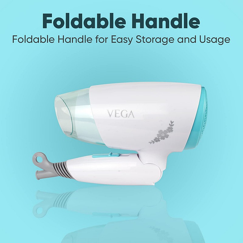 VEGA Insta Look 1400 Watts Foldable Hair Dryer with Cool Shot Button & 3 Heat/Speed Settings (VHDH-23)White + Blue