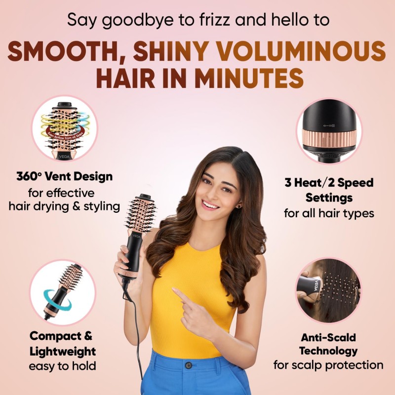 VEGA Litstyle L3 Volumizer Hair Dryer Brush With 3 Heat/2 Speed Settings, Tourmaline Ceramic Coated Barrel, All In 1 Compact Hot Air Blow Dryer Brush For Women, (VHSD-03), (500Watt, Black Gold)