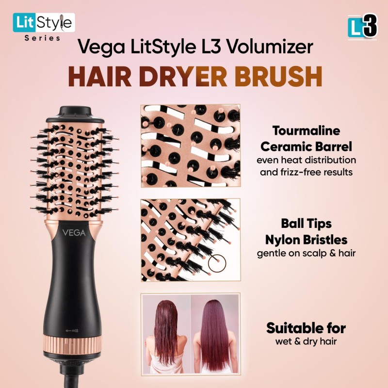 VEGA Litstyle L3 Volumizer Hair Dryer Brush With 3 Heat/2 Speed Settings, Tourmaline Ceramic Coated Barrel, All In 1 Compact Hot Air Blow Dryer Brush For Women, (VHSD-03), (500Watt, Black Gold)