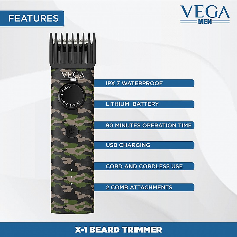 VEGA Men X1 Beard Trimmer For Men With Quick Charge, 90 Mins Run-time, Waterproof, For Cord & Cordless Use And 40 Length Settings, (VHTH-16)