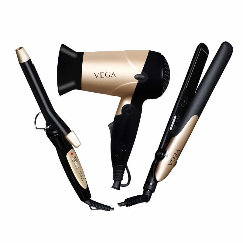 VEGA Miss Versatile Styling Set Straightener, Curler & Dryer Gift Combo (VHSS-03), Black